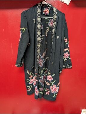 Johnny Was Black Floral Embroidered Open Cardigan